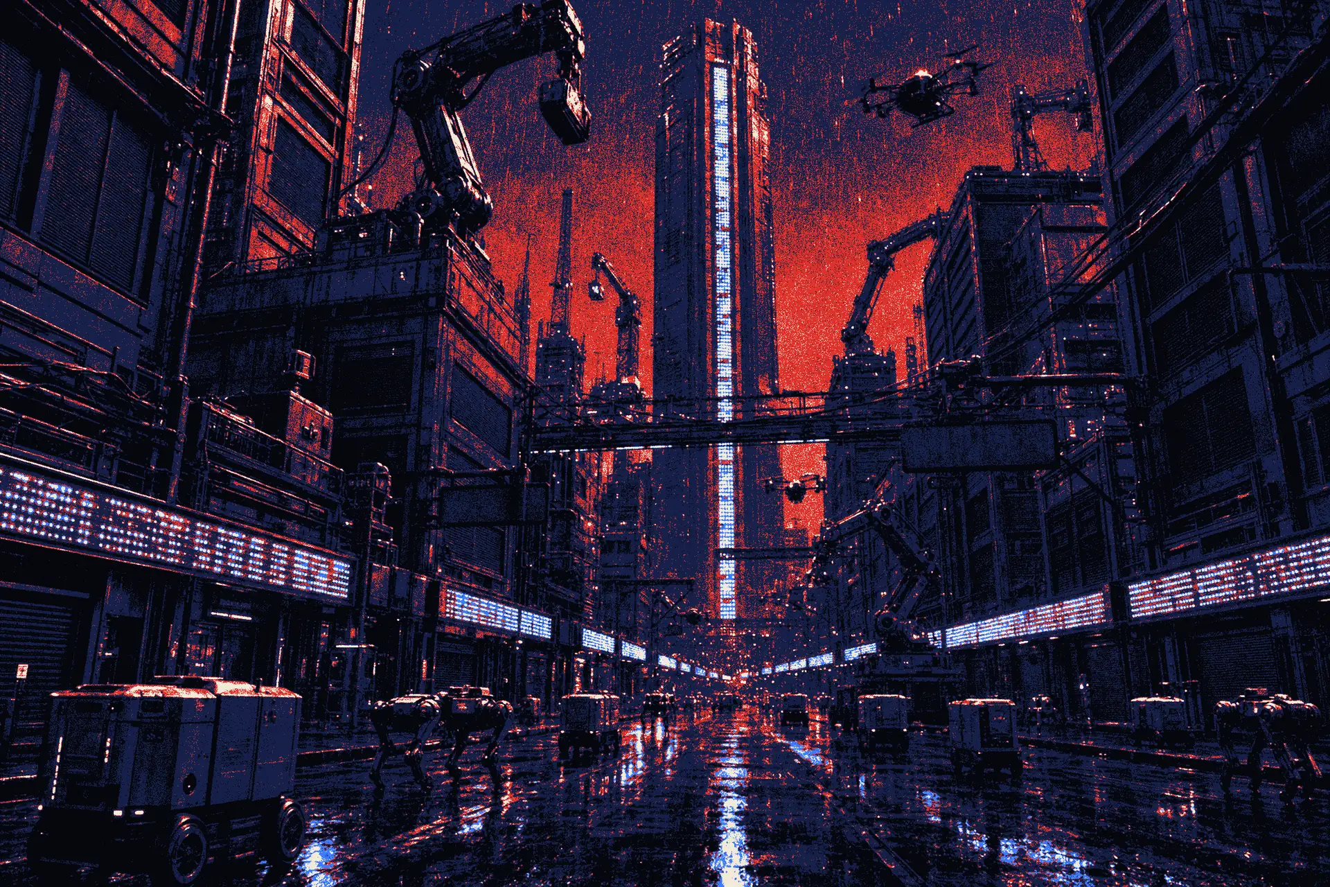 A night city run by machines, printed in ink, navy and signal red: server-stack towers with every window shuttered, robot arms and cranes on the roofs, delivery robots in the rain, lit only by the street tickers and one tower's trade tape.