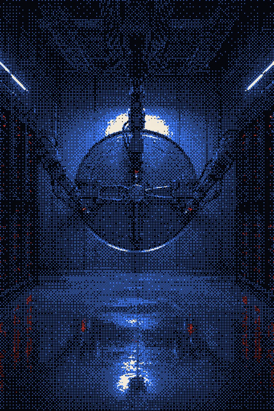 Dithered print: a closed round vault door in an underground server room, three industrial robot arms resting their tools on its bolts.